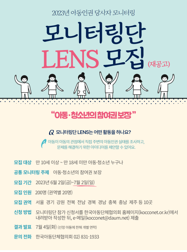 모집대상 만 10세 이상 ~ 만 18세 미만 아동 청소년 구누나 공통 모니터링 주제 아동 청소년의 참여권 보장 모집기간 2023년 6월 2일 부터 7월 2일 모집인원 200면(권역별20명) 모집권역 서울 경기 강원 전북 전남 경북 경남 충북 충남 제주 등 10곳 신청방법 모니터링단 참가신청서를 한국아동단체협의회 홈페이지(kocconet.or.kr)에서 내려받아 작성한뒤 이메일)kocconet@daum.net) 제출 결과발표 7월 4일(선정아동에 한해 개별 연락) 문의전화 한국아동단체협의회 02)831-1933 국가인원위원회 한국아동단체협의회