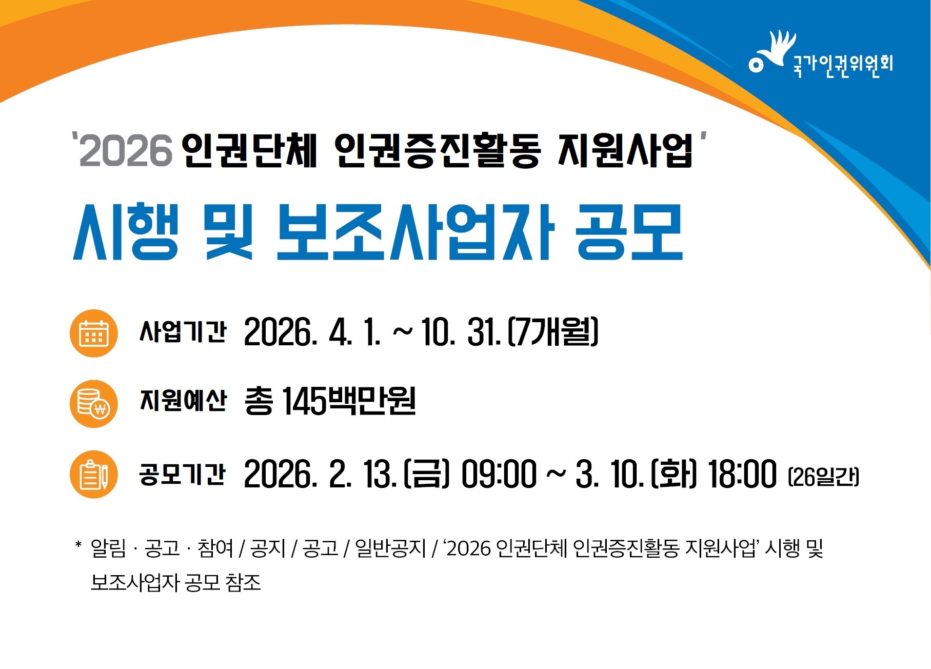 2026 인권단체 인권증진활동 보조금 지원사업 시행 및 보조사업자 공모 사업기간 2026. 4. 1.~ 10. 31.(7개월) 지원예산 총 145백만원 공모기간 2026.2.13.(금)09:00~3.10.(화)18:00(26일간) 알림,공고.참여/공지/공고/일반공지/'2026 인권단체 인권증진활동 지원사업' 시행 및 보조사업자 공모 참조