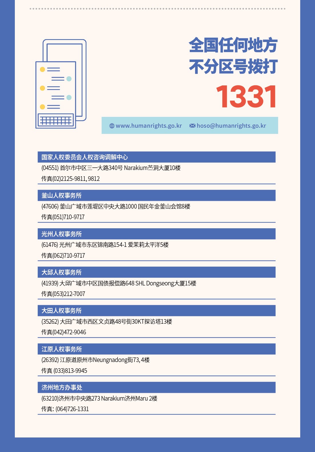 全?任何地方
不分???打
1331

www.humanrights.go.krhoso
hoso@humanrights.go.kr

?家人?委??人?咨??解中心
(04551) 首?市中?三一大路340? Narakium?洞大厦10???(02)2125-9811, 9812  

釜山人?事?所
(47606) 釜山?域市?堤?中央大路1000 ?民年金釜山??8???(051)710-9717      


光州人?事?所
(61476) 光州?域市???南路154-1 ?茉莉太平洋5???(062)710-9717        
大邱人?事?所
(41939) 大邱?域市中?????路648 SHL Dongseong大厦15???(053)212-7007        

大田人?事?所
(35262) 大田?域市西?文?路48?街30KT探?塔13?
??(042)472-9046      

江原人?事?所
(26392) 江原道原州市Neungnadong街73, 4?   
?? (033)813-9945  

?州地方?事?
(63210)?州市中央路273 Narakium?州Maru 2?
??：(064)726-1331 